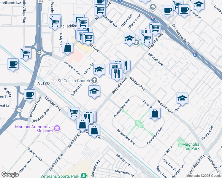 map of restaurants, bars, coffee shops, grocery stores, and more near 14667 Red Hill Avenue in Tustin