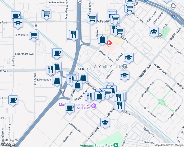 map of restaurants, bars, coffee shops, grocery stores, and more near 14941 Eureka Court in Tustin