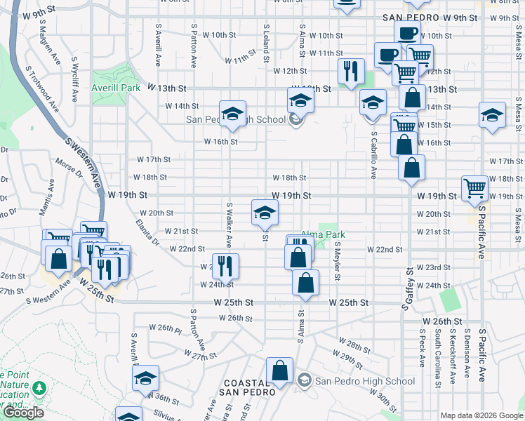 map of restaurants, bars, coffee shops, grocery stores, and more near 1939 South Leland Street in Los Angeles