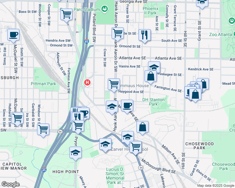 map of restaurants, bars, coffee shops, grocery stores, and more near 1044 Hank Aaron Drive Southwest in Atlanta