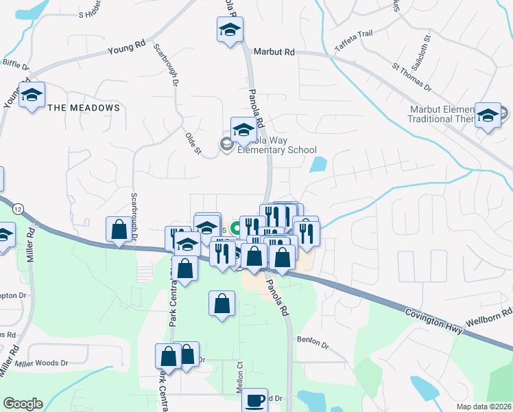 map of restaurants, bars, coffee shops, grocery stores, and more near 2193 Panola Road in Lithonia