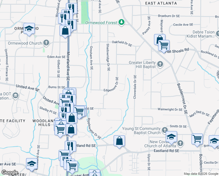 map of restaurants, bars, coffee shops, grocery stores, and more near 2215 Edgemore Drive Southeast in Atlanta