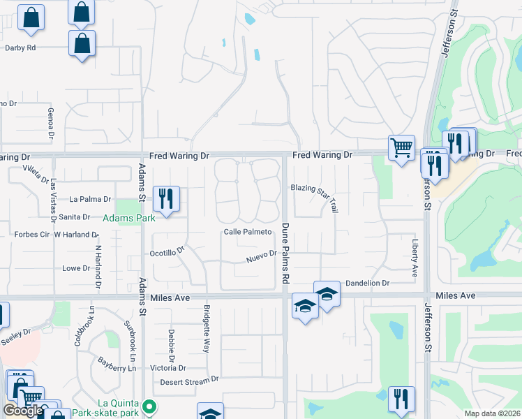 map of restaurants, bars, coffee shops, grocery stores, and more near 79397 Horizon Palms Circle in La Quinta