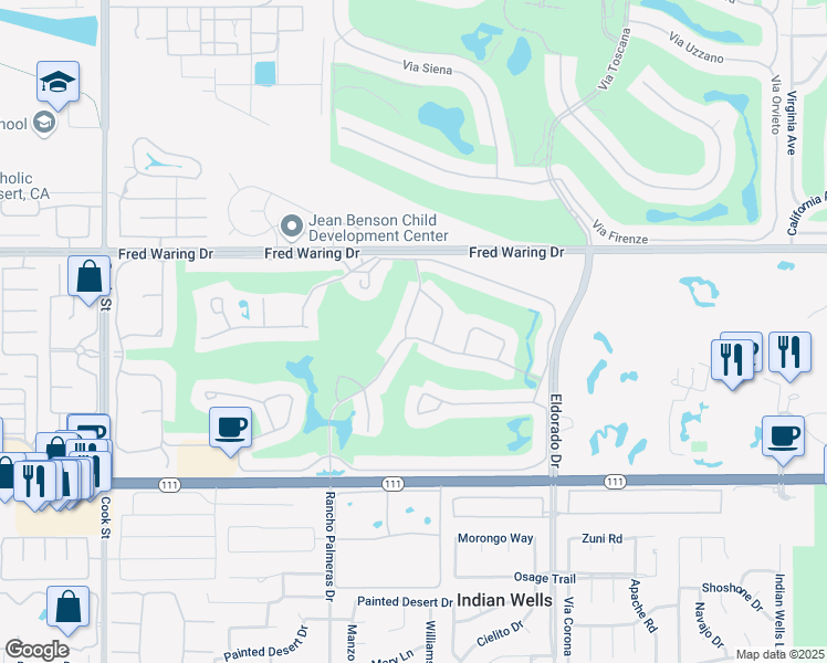map of restaurants, bars, coffee shops, grocery stores, and more near 44850 Guadalupe Drive in Indian Wells