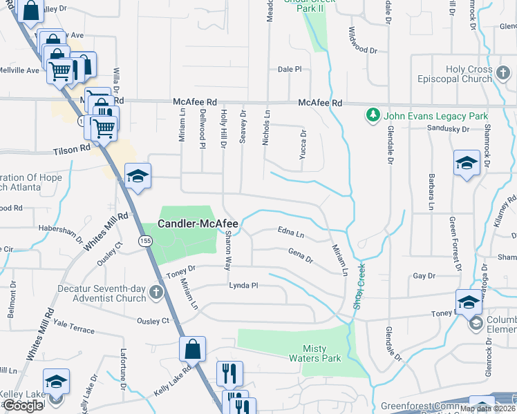 map of restaurants, bars, coffee shops, grocery stores, and more near 2271 Miriam Lane in Decatur