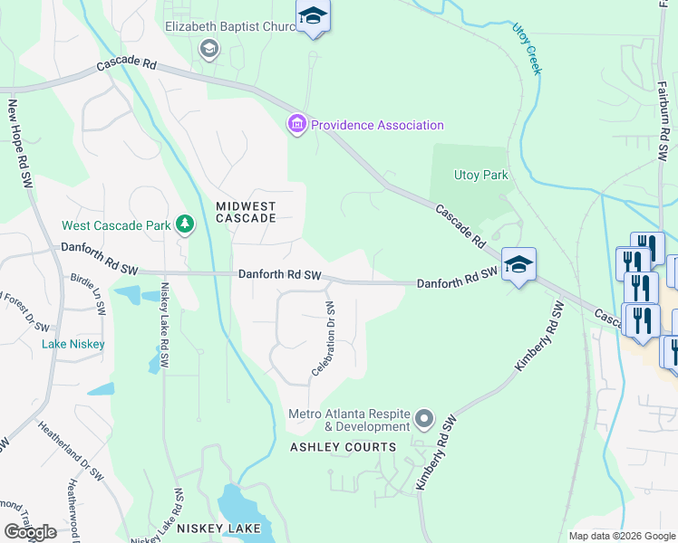 map of restaurants, bars, coffee shops, grocery stores, and more near 4181 Danforth Road Southwest in Atlanta