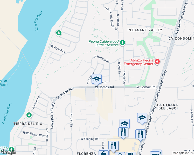 map of restaurants, bars, coffee shops, grocery stores, and more near 10128 West Spur Drive in Peoria