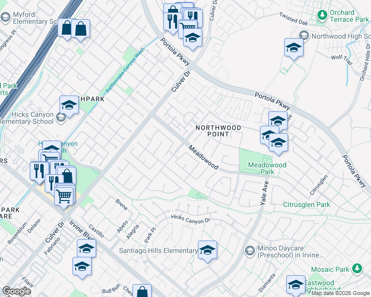 map of restaurants, bars, coffee shops, grocery stores, and more near 78 Dovecrest in Irvine
