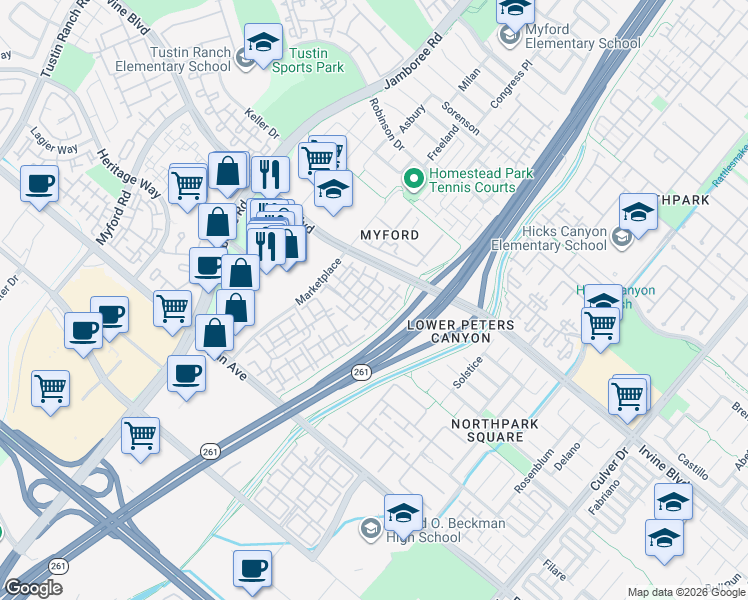 map of restaurants, bars, coffee shops, grocery stores, and more near 2311 Anacapa in Irvine
