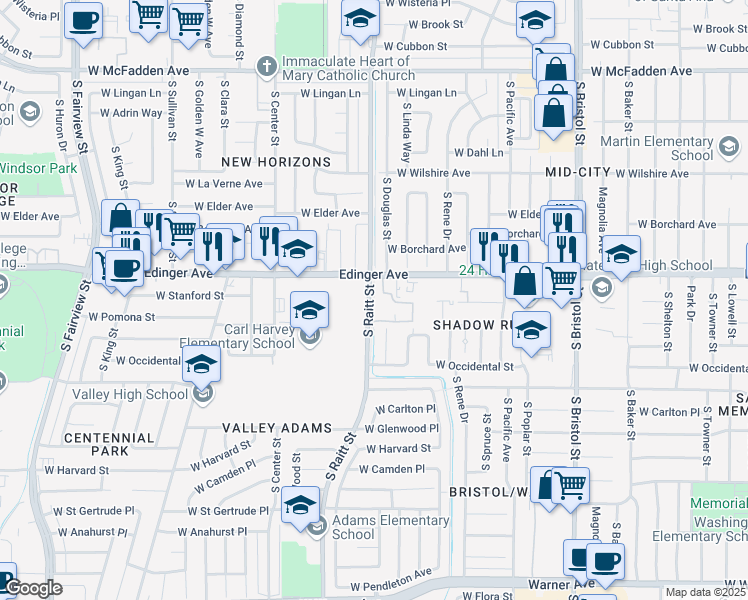 map of restaurants, bars, coffee shops, grocery stores, and more near 1531 South Raitt Street in Santa Ana