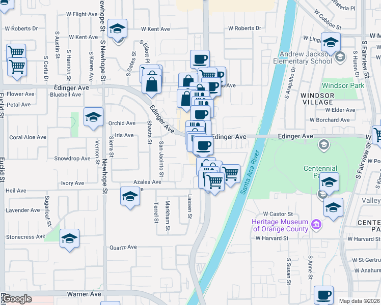 map of restaurants, bars, coffee shops, grocery stores, and more near 16341 Harbor Boulevard in Fountain Valley
