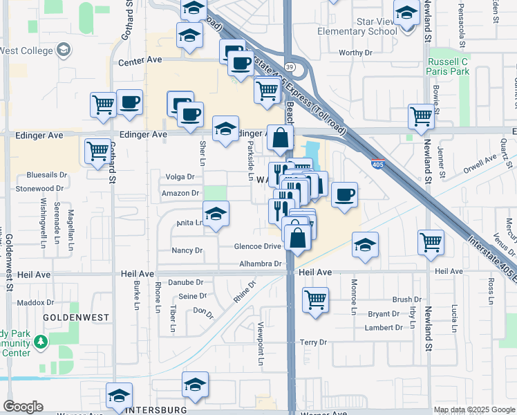 map of restaurants, bars, coffee shops, grocery stores, and more near 7872 Holt Drive in Huntington Beach