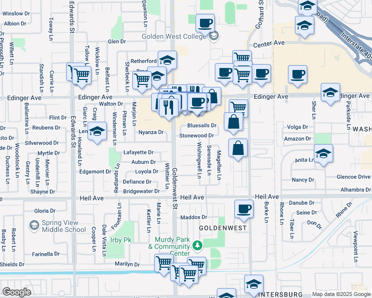 map of restaurants, bars, coffee shops, grocery stores, and more near 7101 Starlight Circle in Huntington Beach