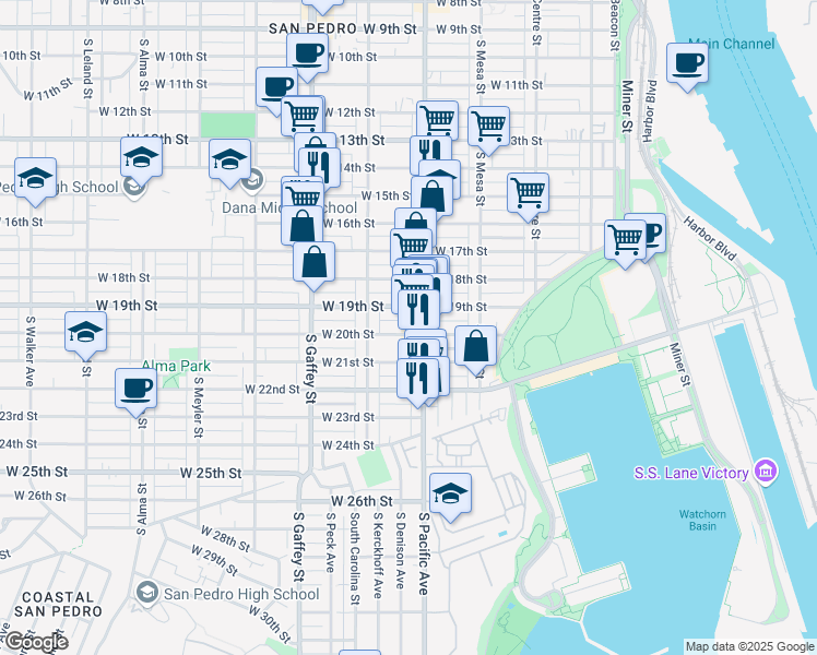 map of restaurants, bars, coffee shops, grocery stores, and more near 521 West 20th Street in Los Angeles