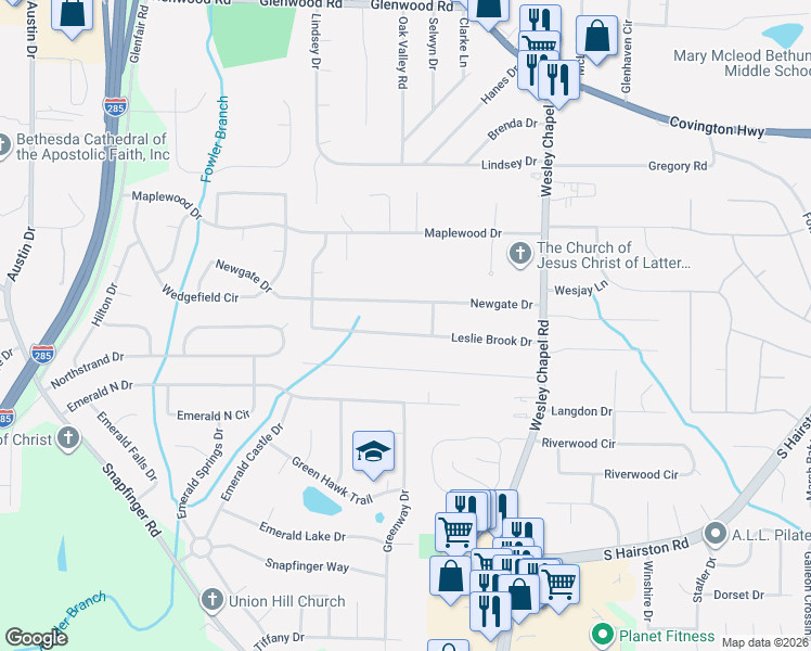 map of restaurants, bars, coffee shops, grocery stores, and more near 2275 Leslie Brook Drive in Decatur
