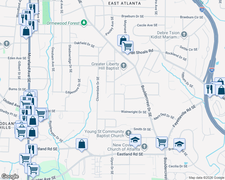 map of restaurants, bars, coffee shops, grocery stores, and more near 2205 Cavanaugh Avenue Southeast in Atlanta