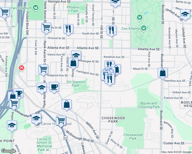 map of restaurants, bars, coffee shops, grocery stores, and more near 1038 Grant Terrace Southeast in Atlanta