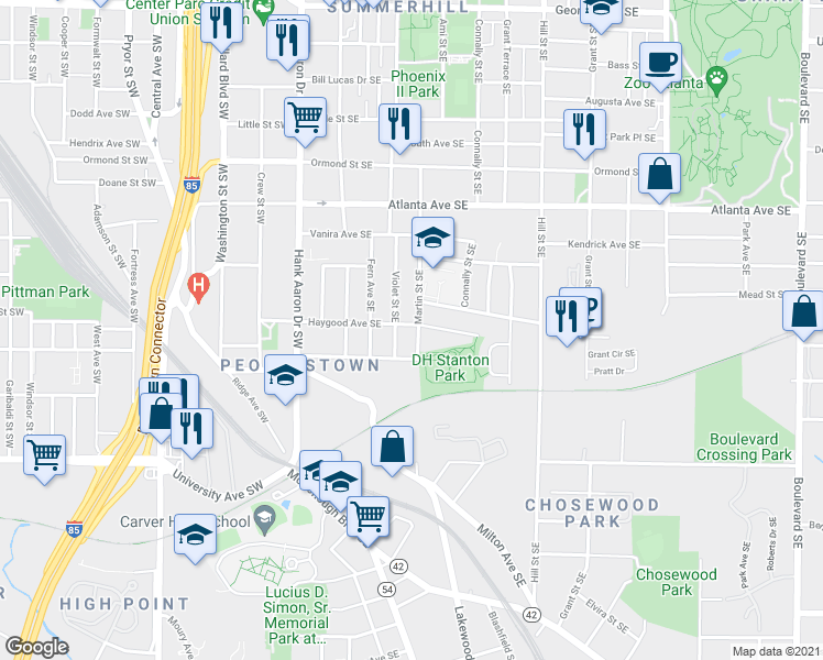 map of restaurants, bars, coffee shops, grocery stores, and more near 133 Haygood Avenue Southeast in Atlanta