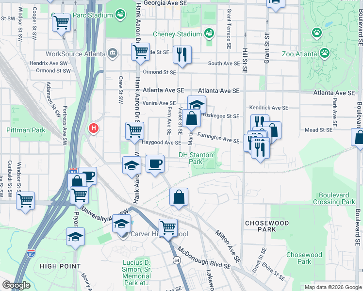 map of restaurants, bars, coffee shops, grocery stores, and more near 1042 Violet Street Southeast in Atlanta