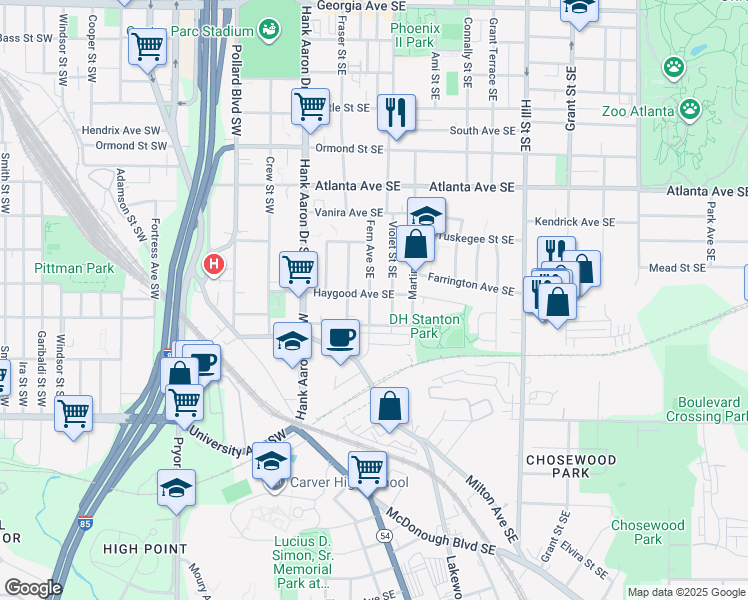 map of restaurants, bars, coffee shops, grocery stores, and more near 1043 Fern Avenue Southeast in Atlanta