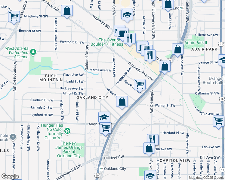 map of restaurants, bars, coffee shops, grocery stores, and more near 1101 White Oak Avenue Southwest in Atlanta