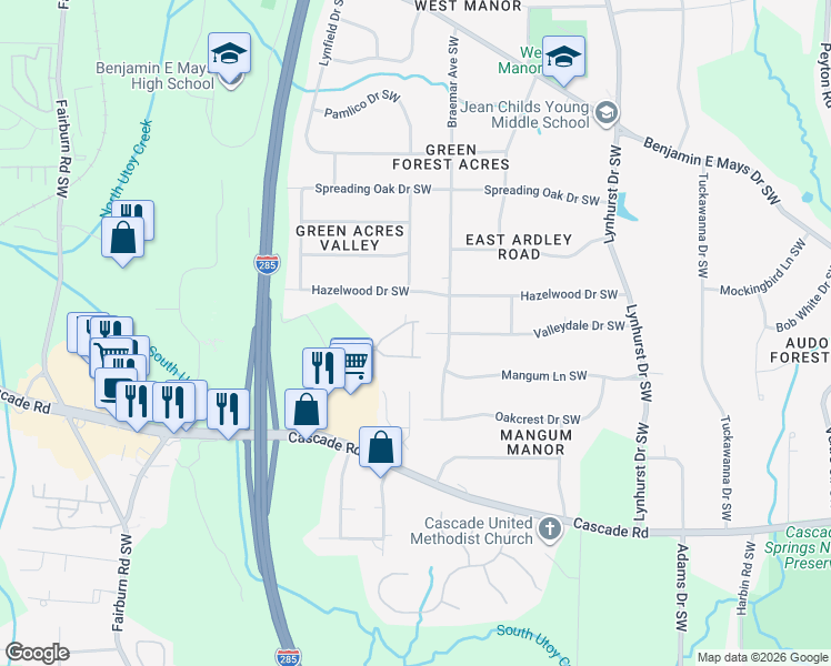 map of restaurants, bars, coffee shops, grocery stores, and more near 1188 Arbor Park Lane Southwest in Atlanta