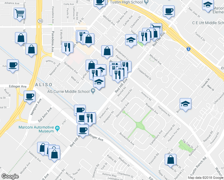 map of restaurants, bars, coffee shops, grocery stores, and more near 14667 Red Hill Avenue in Tustin
