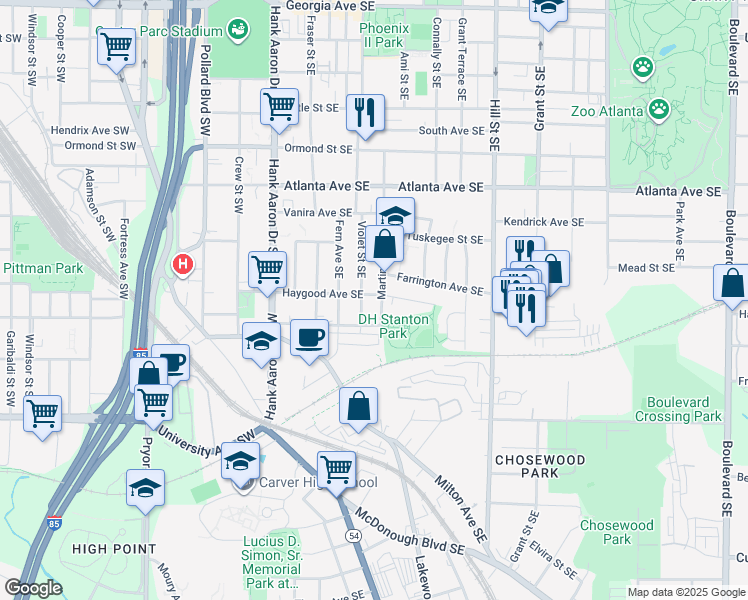 map of restaurants, bars, coffee shops, grocery stores, and more near 1042 Violet Street Southeast in Atlanta