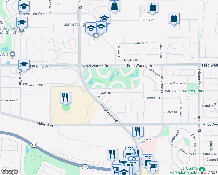 map of restaurants, bars, coffee shops, grocery stores, and more near 78219 Scarlet Court in La Quinta