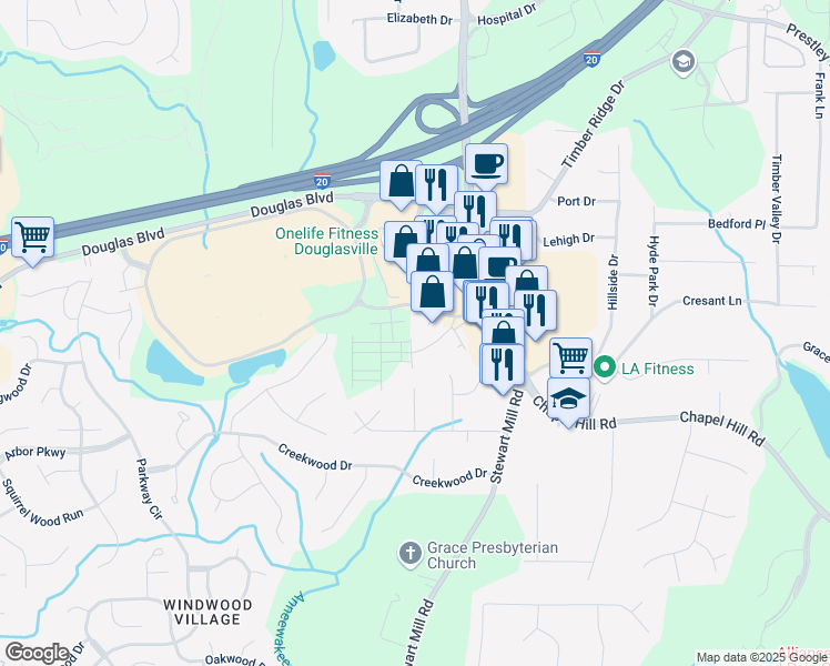 map of restaurants, bars, coffee shops, grocery stores, and more near 4428 Ryan Street in Douglasville