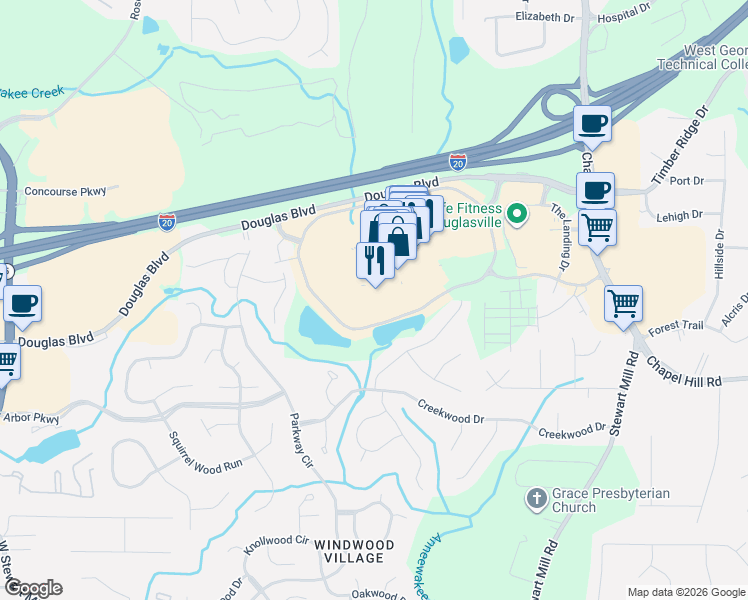 map of restaurants, bars, coffee shops, grocery stores, and more near 6670 Douglas Boulevard in Douglasville