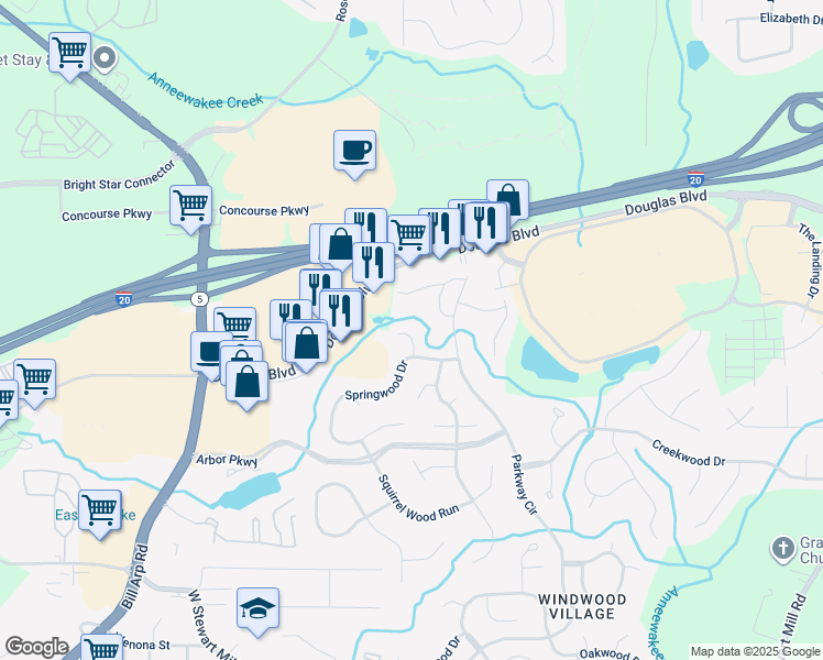 map of restaurants, bars, coffee shops, grocery stores, and more near 9438 Cedar Creek Place in Douglasville