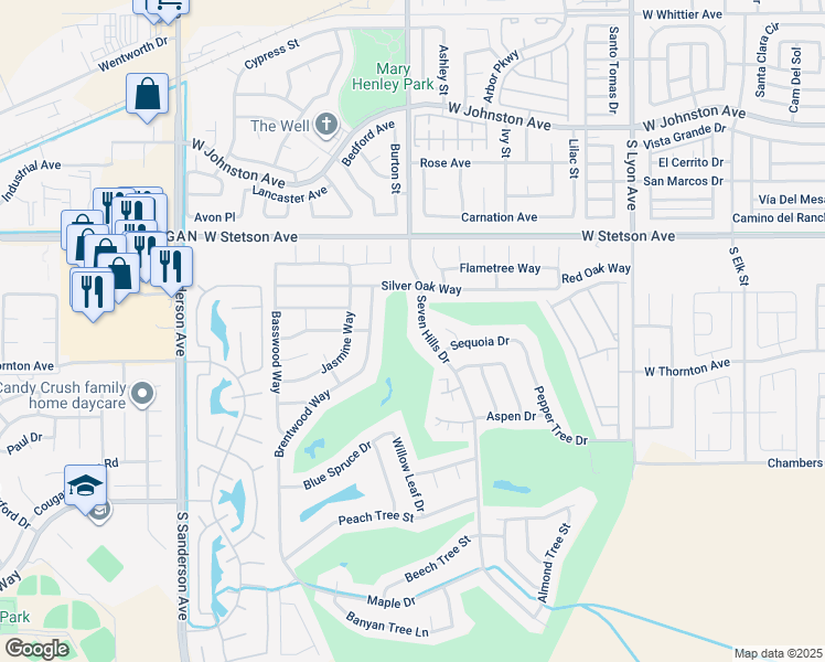 map of restaurants, bars, coffee shops, grocery stores, and more near 1269 Seven Hills Drive in Hemet