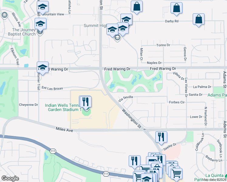 map of restaurants, bars, coffee shops, grocery stores, and more near 78121 Crimson Court in La Quinta