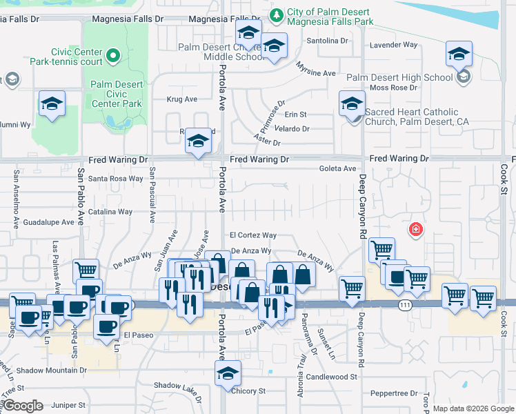 map of restaurants, bars, coffee shops, grocery stores, and more near 74146 Catalina Way in Palm Desert