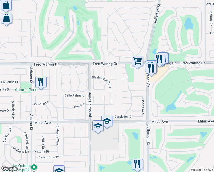 map of restaurants, bars, coffee shops, grocery stores, and more near 44370 Buttercup Lane in La Quinta