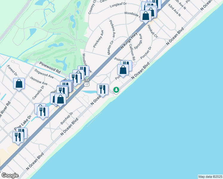 map of restaurants, bars, coffee shops, grocery stores, and more near 5404 North Ocean Boulevard in Myrtle Beach