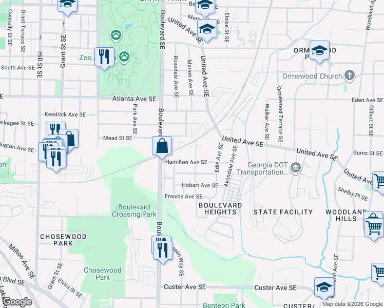 map of restaurants, bars, coffee shops, grocery stores, and more near 1061 Morley Avenue Southeast in Atlanta
