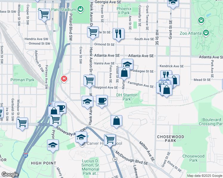 map of restaurants, bars, coffee shops, grocery stores, and more near 1043 Fern Avenue Southeast in Atlanta
