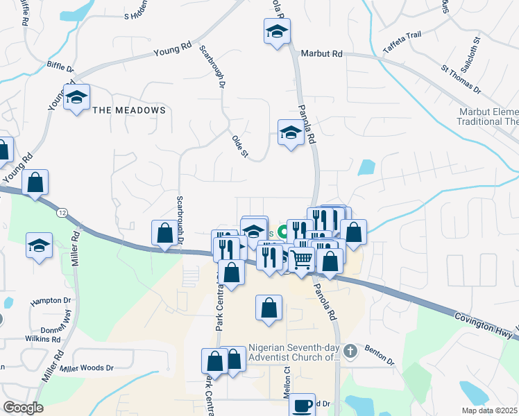 map of restaurants, bars, coffee shops, grocery stores, and more near 2240 Mulsanne Drive in Lithonia