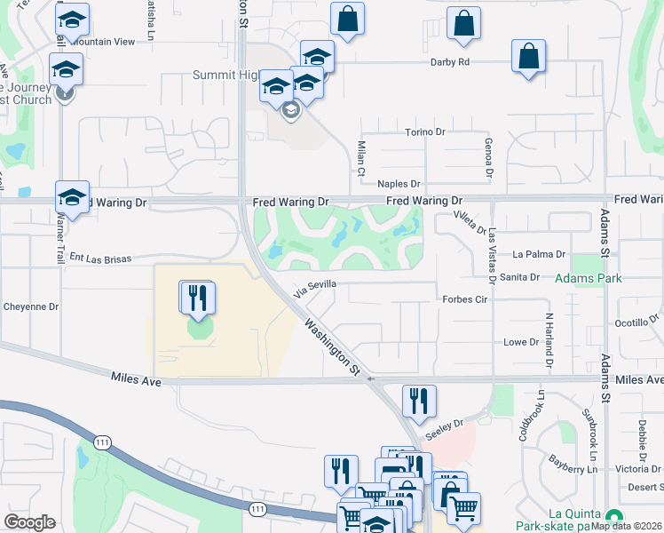 map of restaurants, bars, coffee shops, grocery stores, and more near 78223 Scarlet Court in La Quinta