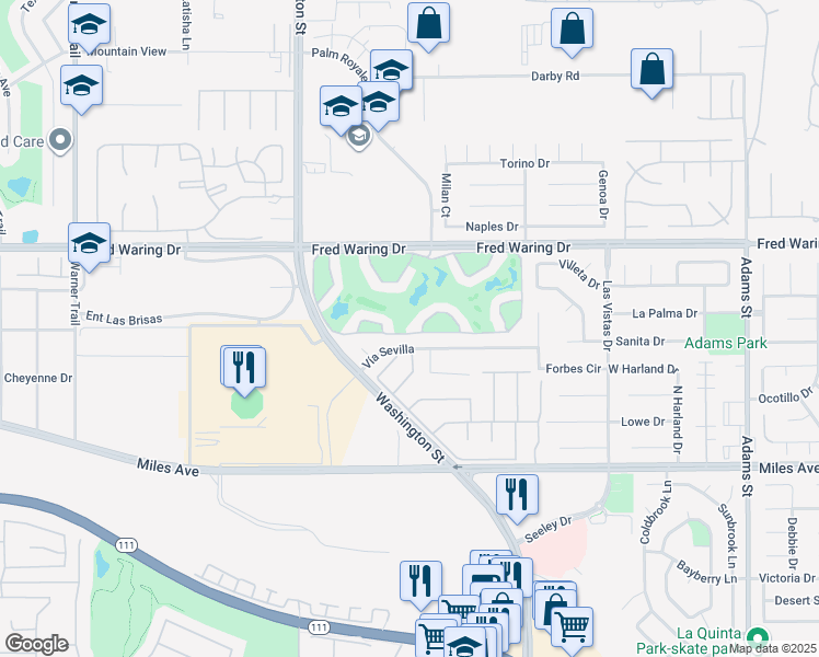 map of restaurants, bars, coffee shops, grocery stores, and more near 78223 Scarlet Court in La Quinta