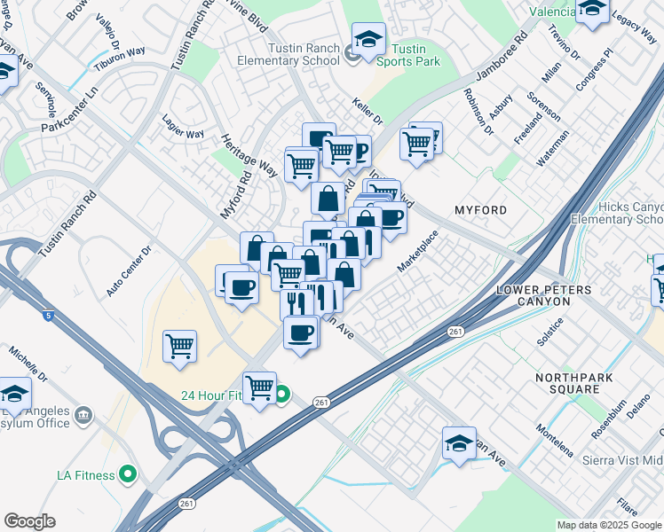 map of restaurants, bars, coffee shops, grocery stores, and more near 13384 Jamboree Road in Tustin
