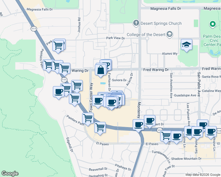 map of restaurants, bars, coffee shops, grocery stores, and more near 72753 Sierra Vista Drive in Palm Desert