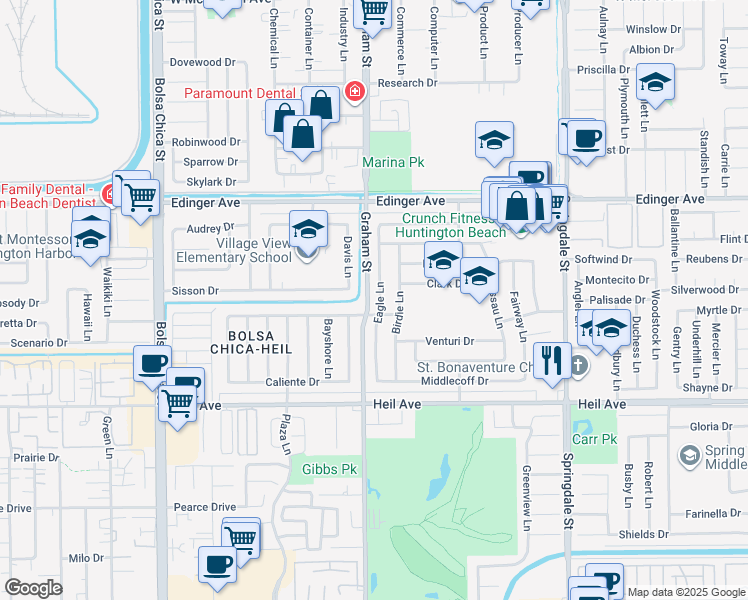 map of restaurants, bars, coffee shops, grocery stores, and more near 16241 Eagle Lane in Huntington Beach