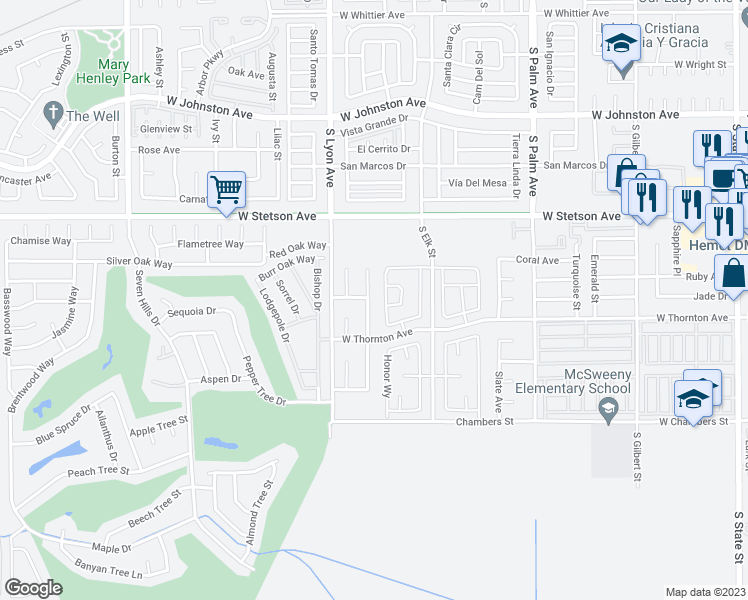 map of restaurants, bars, coffee shops, grocery stores, and more near 1256 Granite Drive in Hemet