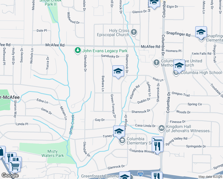 map of restaurants, bars, coffee shops, grocery stores, and more near Green Forrest Drive in Candler-McAfee