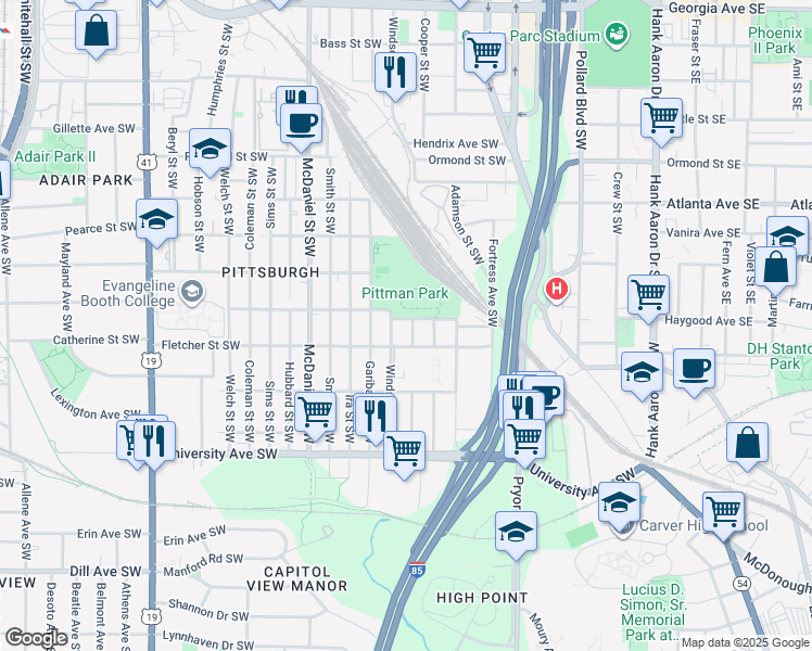 map of restaurants, bars, coffee shops, grocery stores, and more near 287 Fletcher Street Southwest in Atlanta