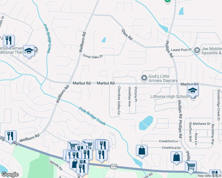 map of restaurants, bars, coffee shops, grocery stores, and more near 2132 Cherokee Valley Circle in Lithonia