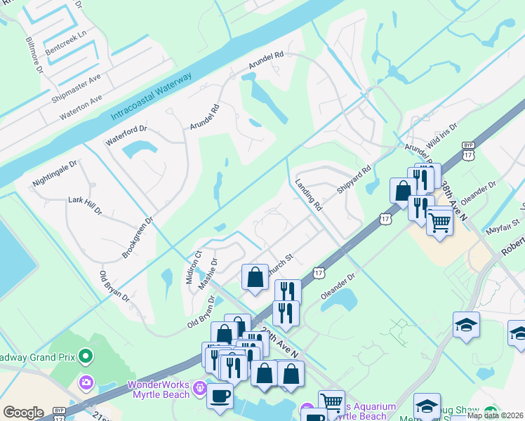map of restaurants, bars, coffee shops, grocery stores, and more near 3015 Old Bryan Drive in Myrtle Beach